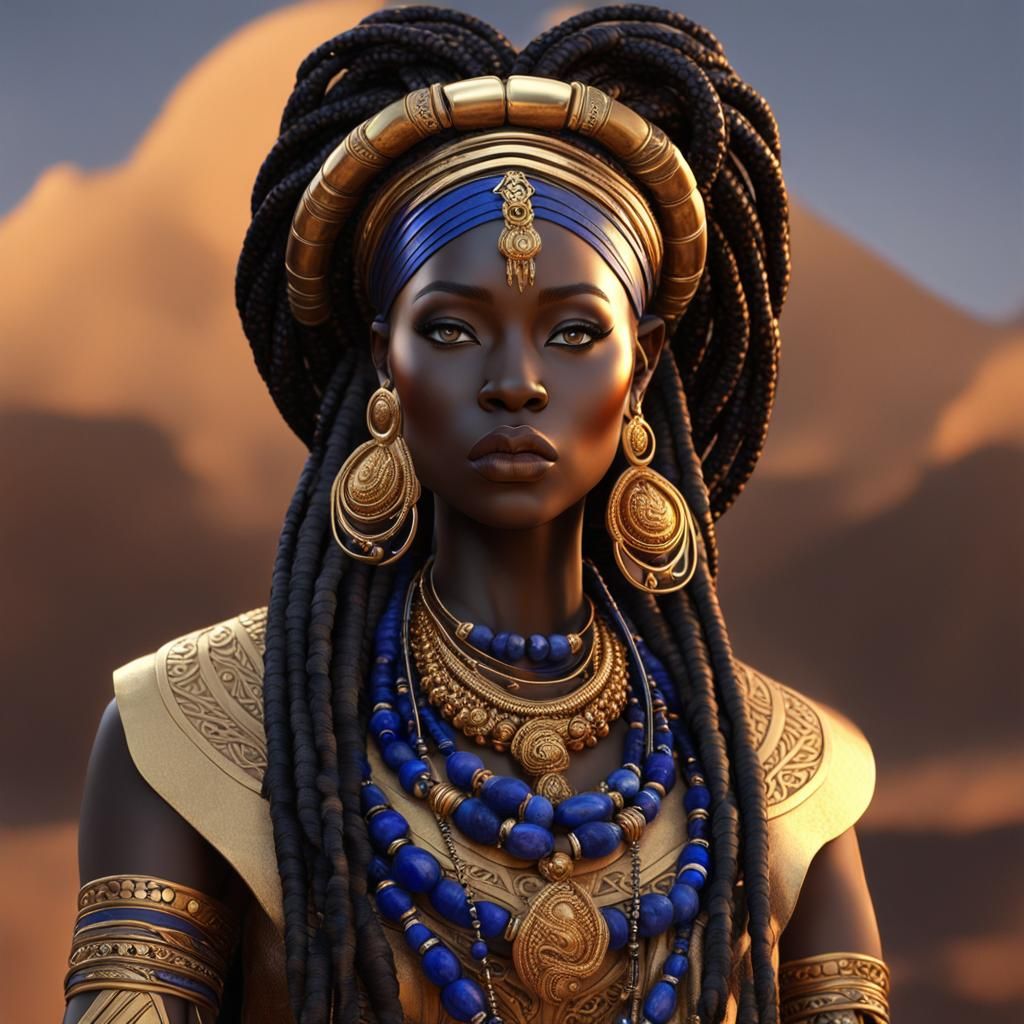 Stunning African Goddess with Panther, 3D Portrait