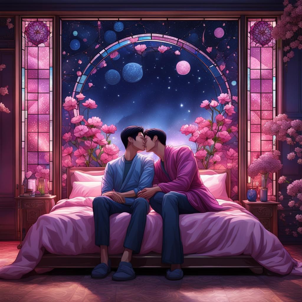 Affectionate Embrace in Pink Bedroom, Digital Painting
