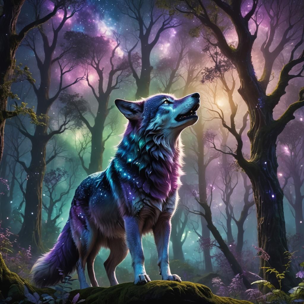 Galaxy Wolf Howling in Mystical Forest