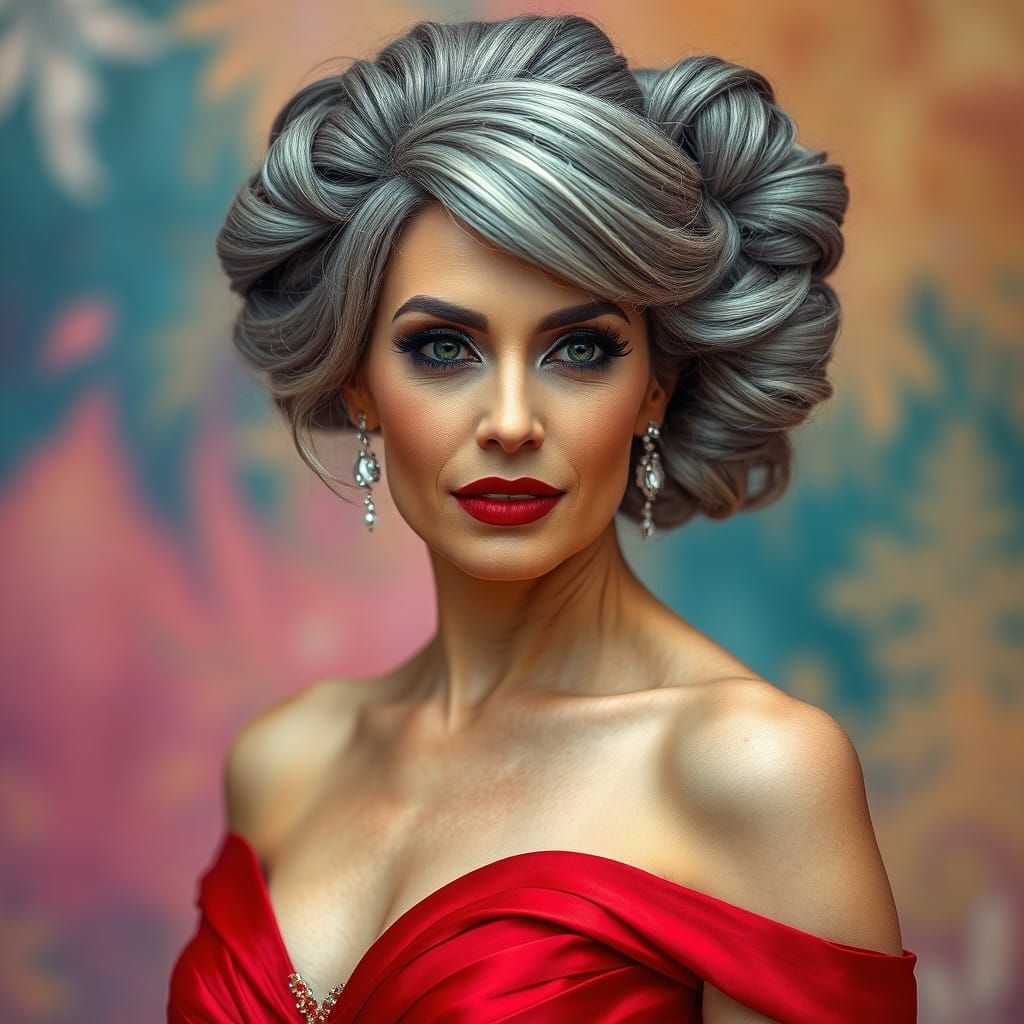 Elegant Woman in Scarlet Satin Gown with Grey Hair and Drama...