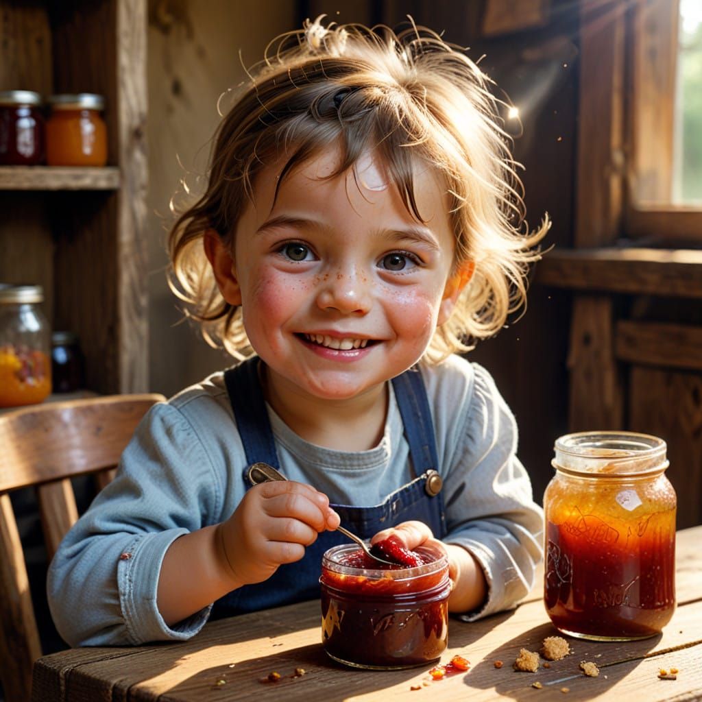 Cherubic Child Surrounded by Warmth and Homemade Jam in Hype...