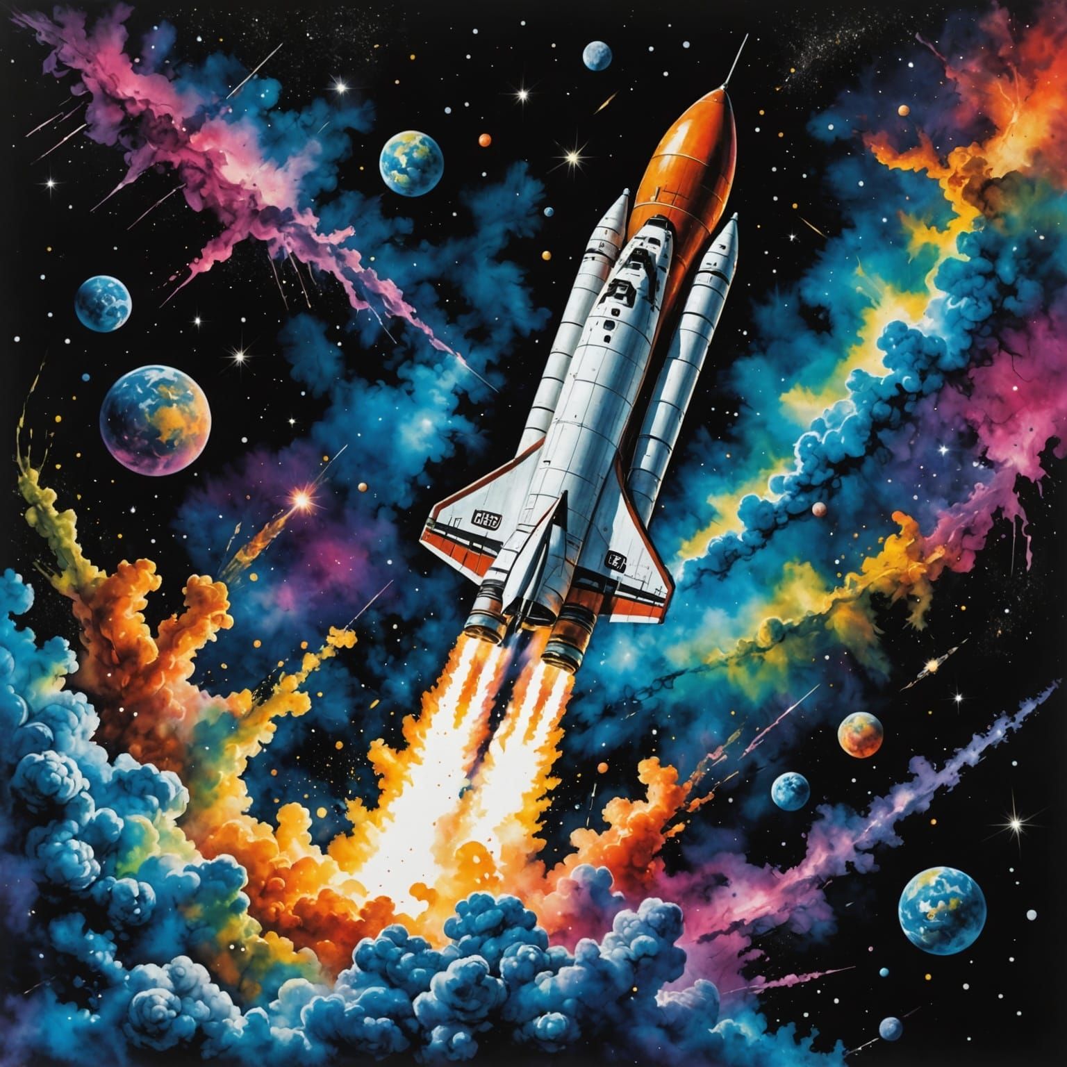 Nebula Rocket in Watercolor Ink Splatter Style