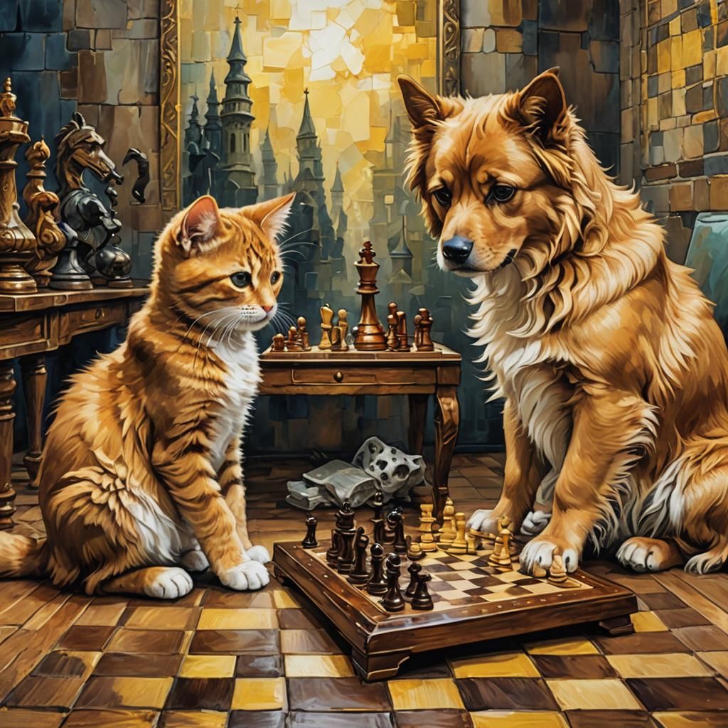 Puppy and Kitty Play Chess in Expressionist Style