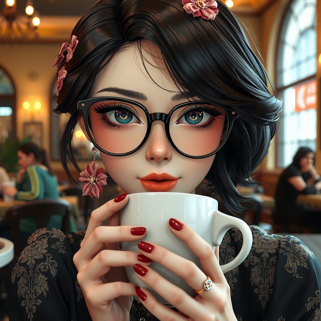 Woman in Cafe: Rococo-Inspired Digital Art