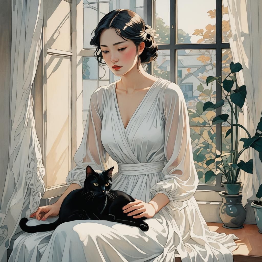 Elegant Girl and Cat in Art Nouveau Style