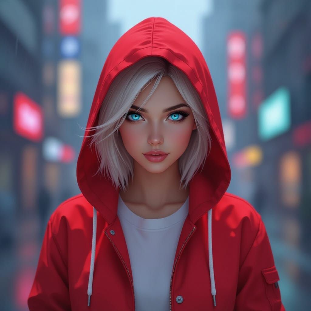Cyberpunk Woman with Glowing Eyes in Cityscape