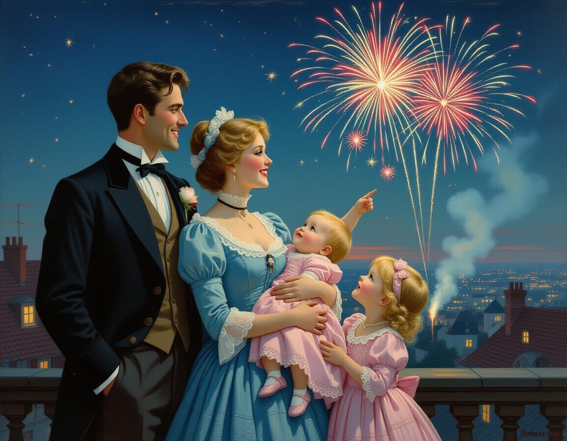 Family Watches Fireworks on Rooftop in Oil Painting Style