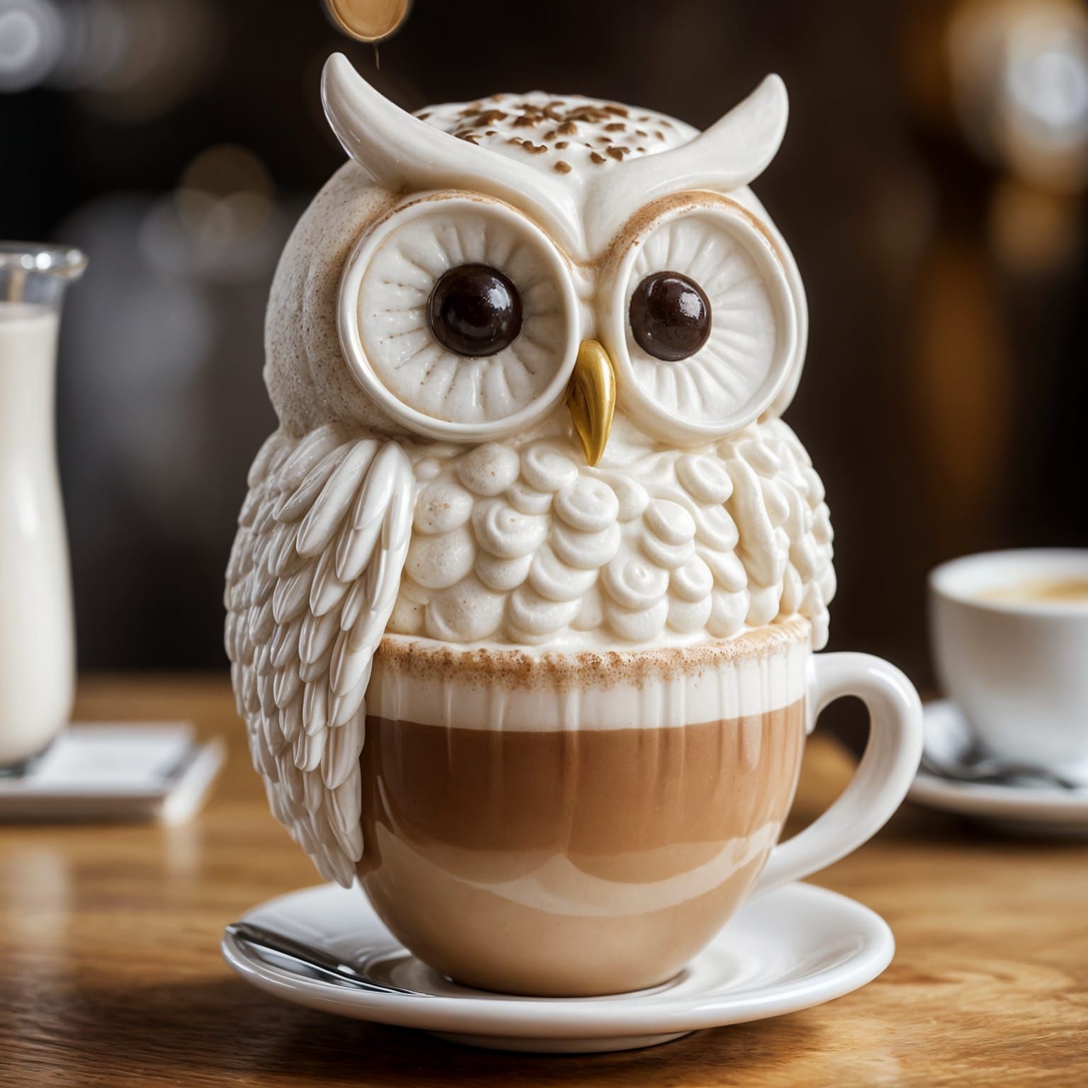 Realistic Close-up of a Cappuccino with a Cute Milk Foam Owl