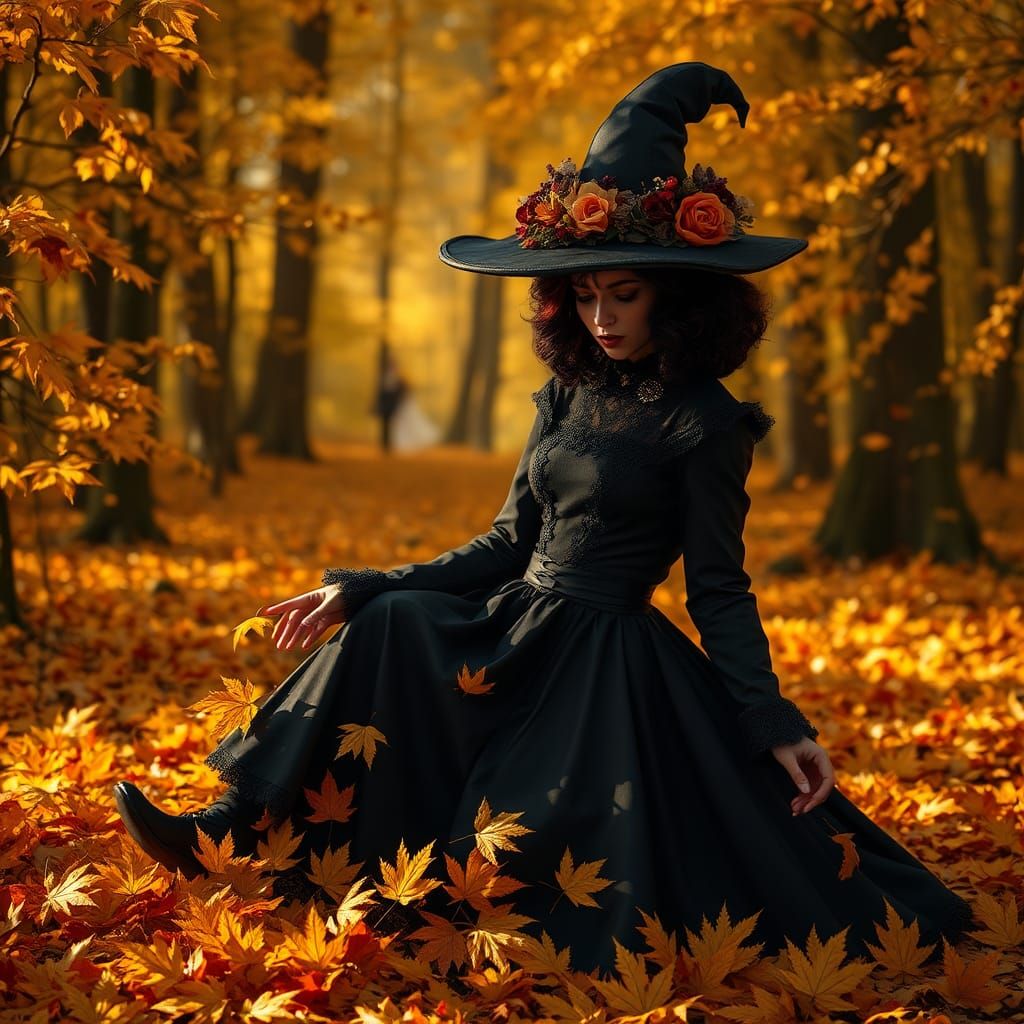 Gothic Witch in Autumn Leaves, Matte Painting