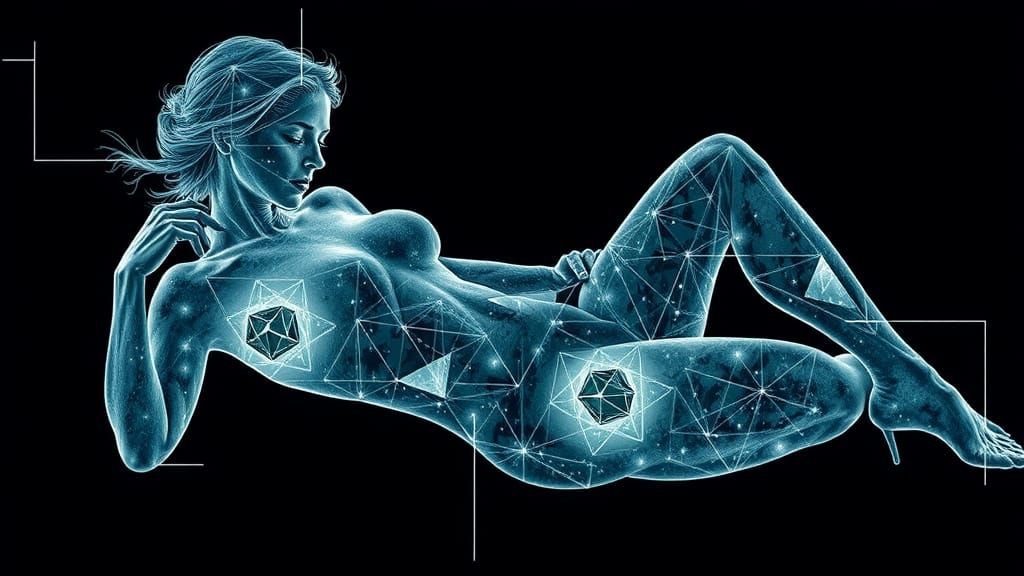 Abstract Double Exposure: Woman and Mathematical Figures