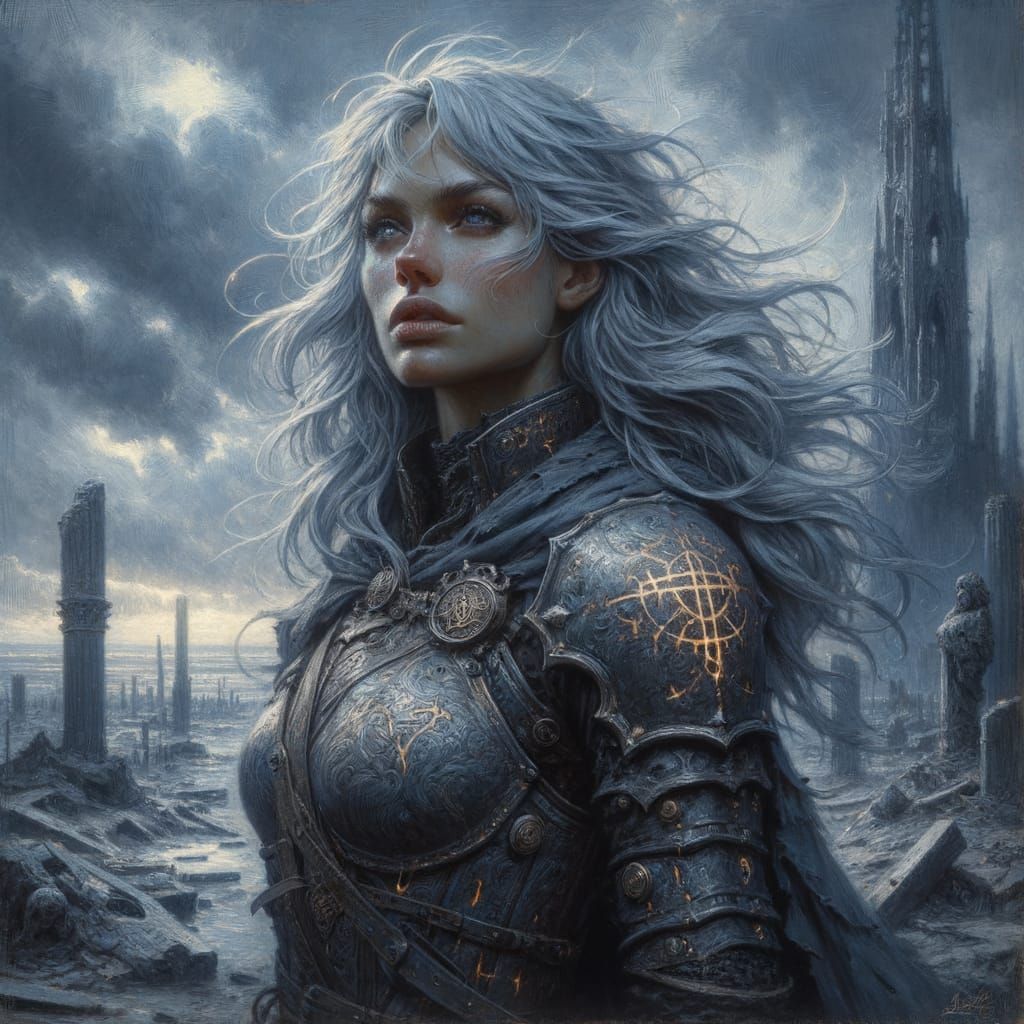 Portrait of a fierce woman with pale skin, flowing silver hair, Gothic armor with glowing runes; standing on a wasteland...