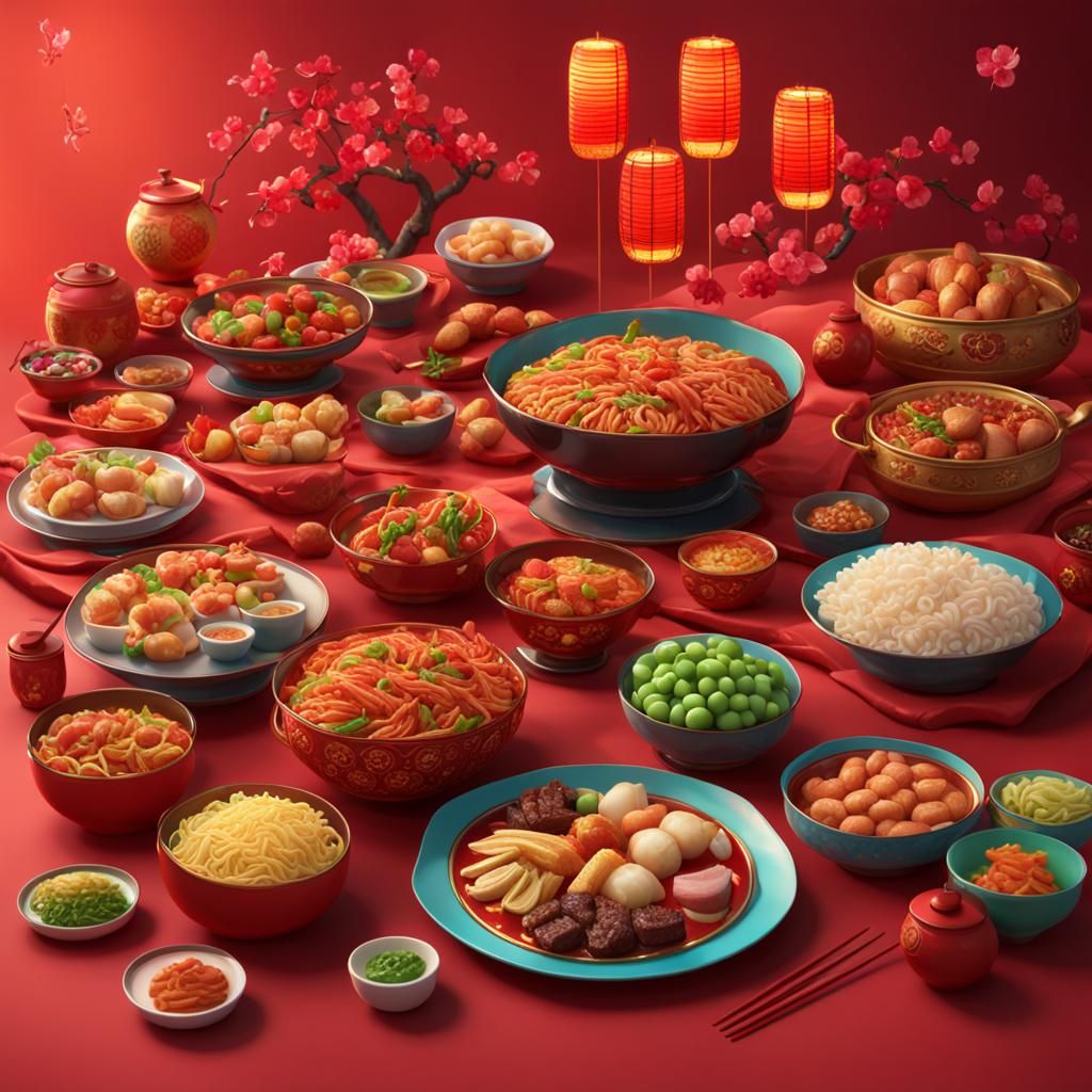 Festive Chinese New Year Feast in 3D Style
