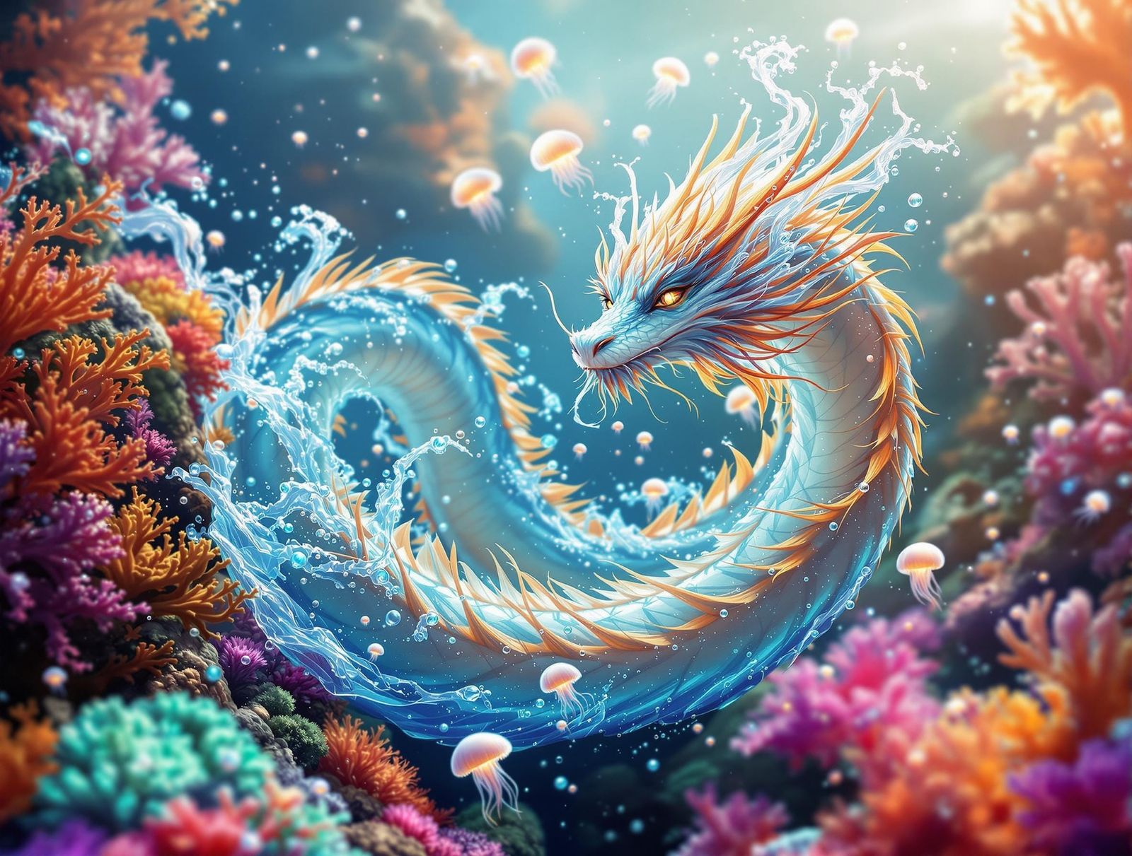 Water Dragon in Coral Reef: 3D Shaded Scene