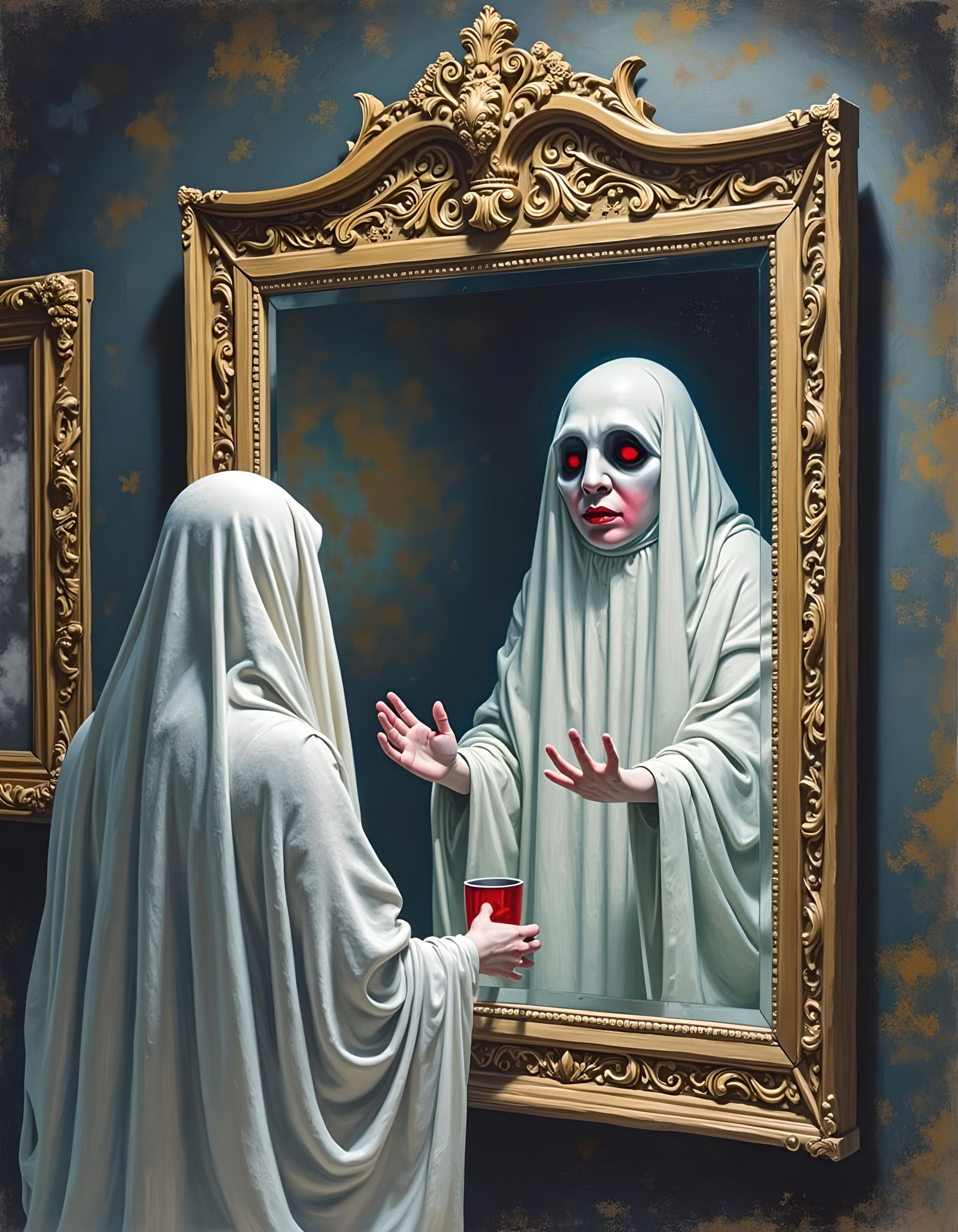 Ghostly Reflections: A Magic Realism Gouache Painting