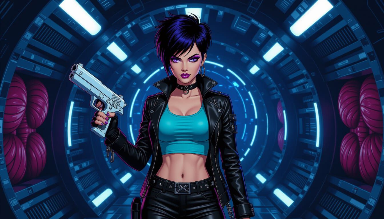 Biomechanical Pirate in Anime Style with Sci-Fi Starship