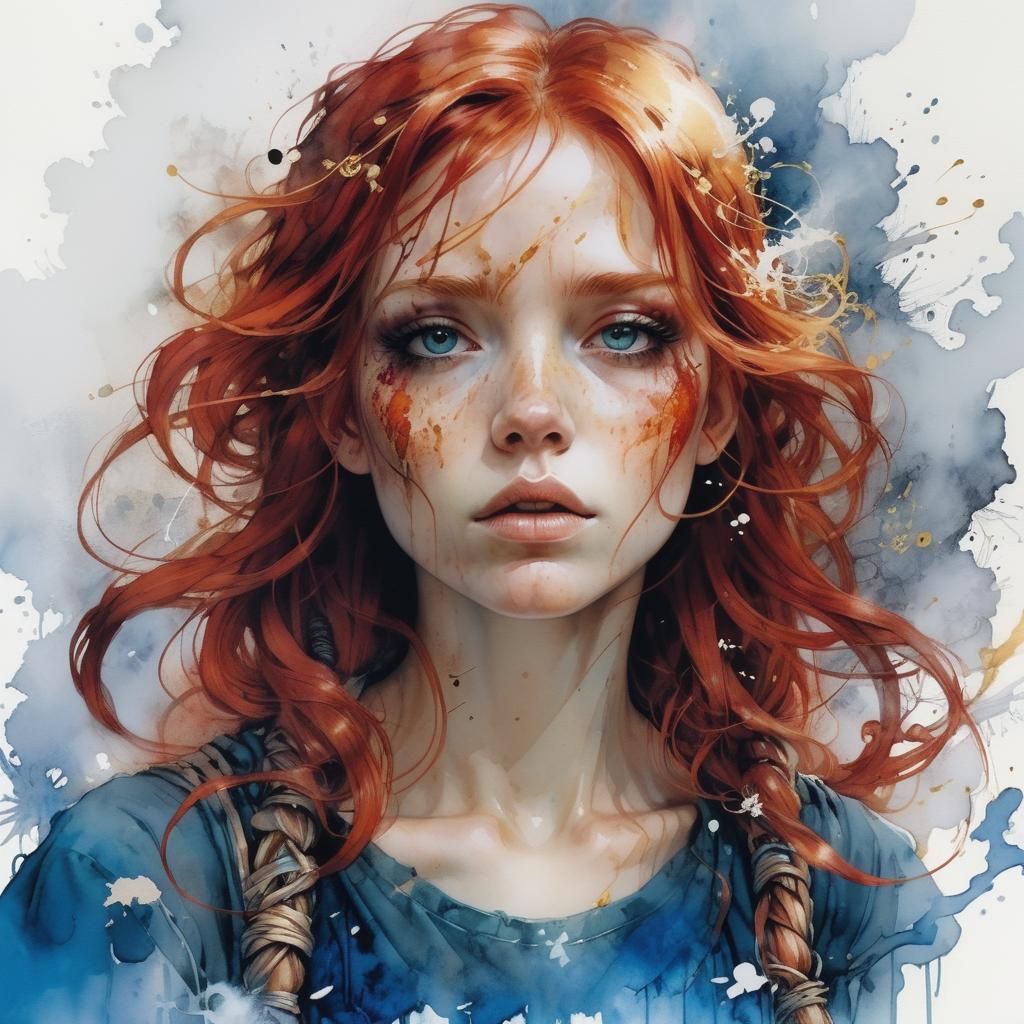 Red-Haired Girl in Intense White Mist