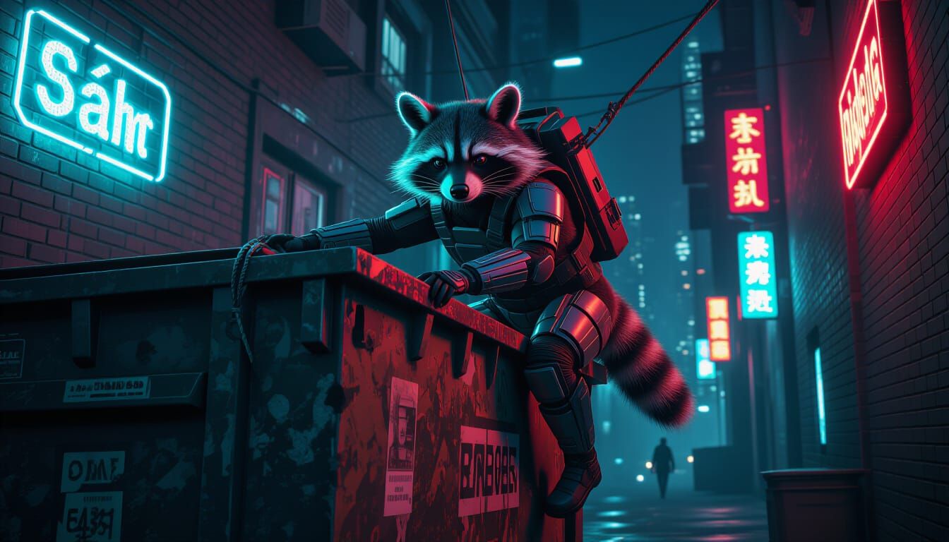 Cyberpunk Raccoon Ascends a Towering Dumpster
