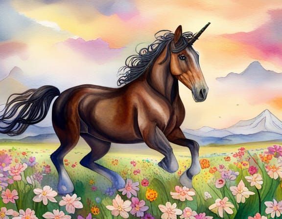 Shire Horse Unicorn Galloping: Hyperdetailed Watercolor