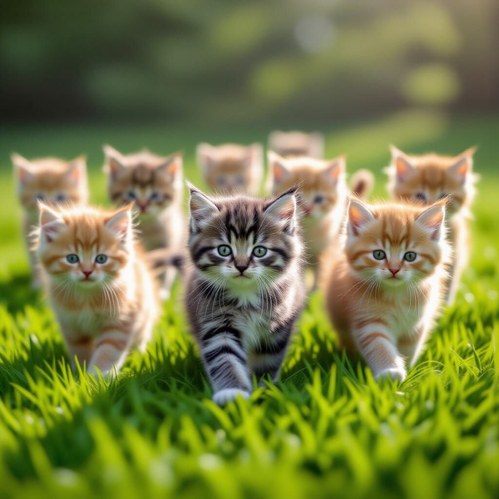Fluffy Kittens Walking on Vibrant Green Grass in Cinematic L...