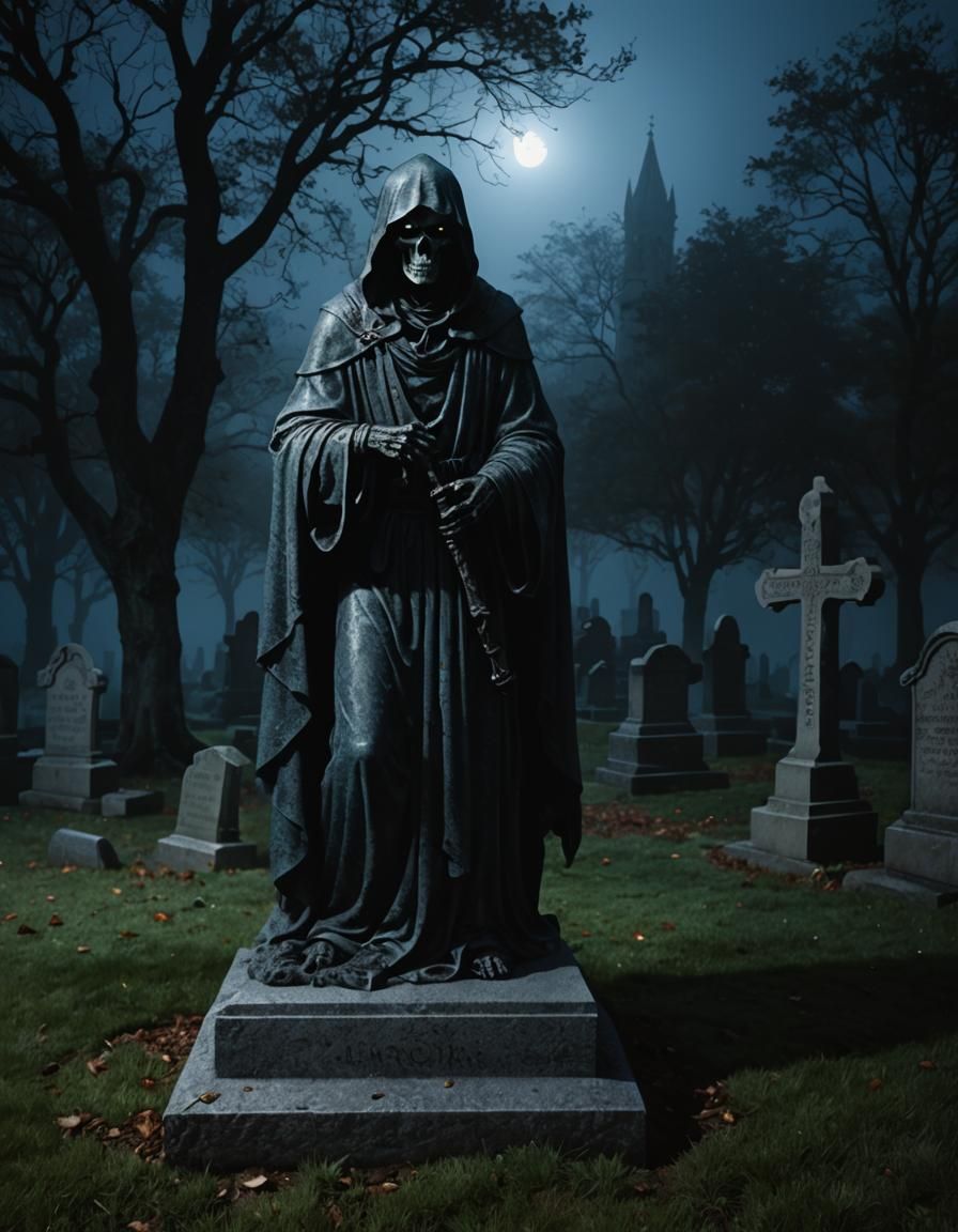 Grim Reaper Grave Marker in Spooky Cemetery