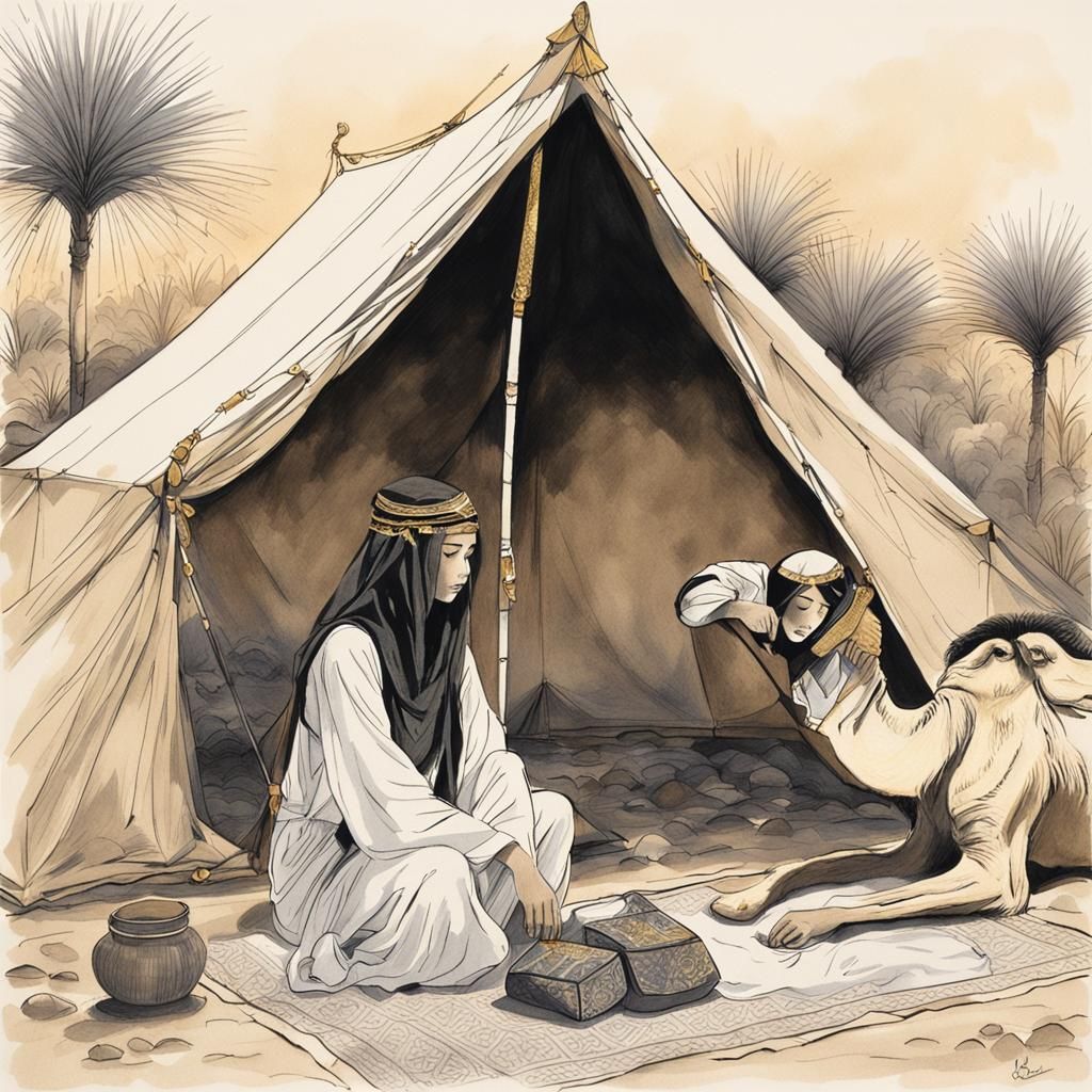 Arab Girl in Oasis: Black Ink and Gold Drawing