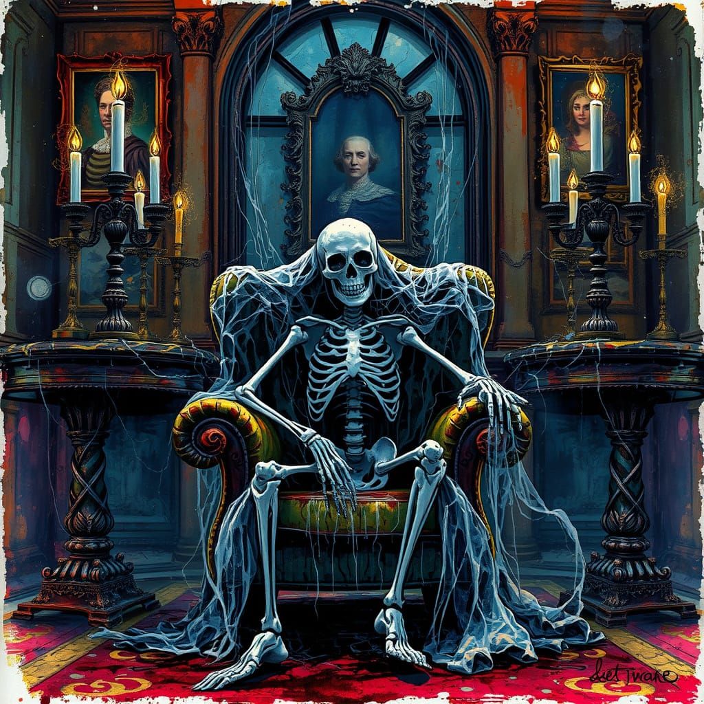 Skeleton in Eerie Mansion, Alcohol Ink Style