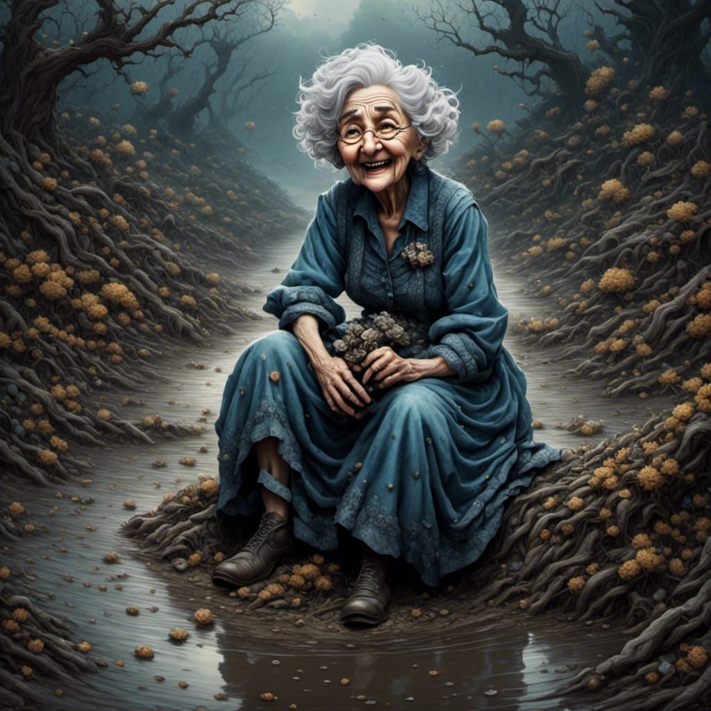 Laughing Old Lady Slides Down Muddy Bank