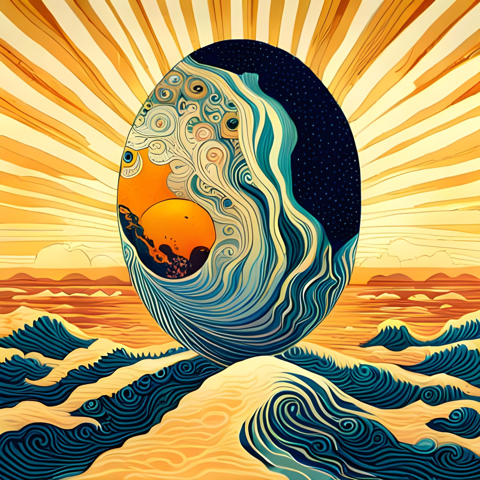 Radiant Floating Faberge Egg on Psychedelic Sea