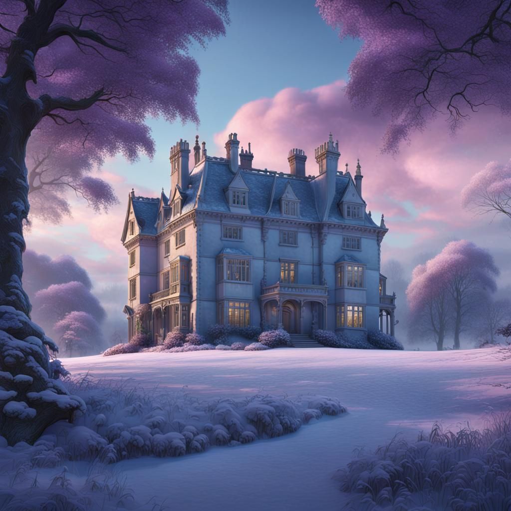 Snowy Country Manor with Purple Clouds, Detailed Matte Paint...