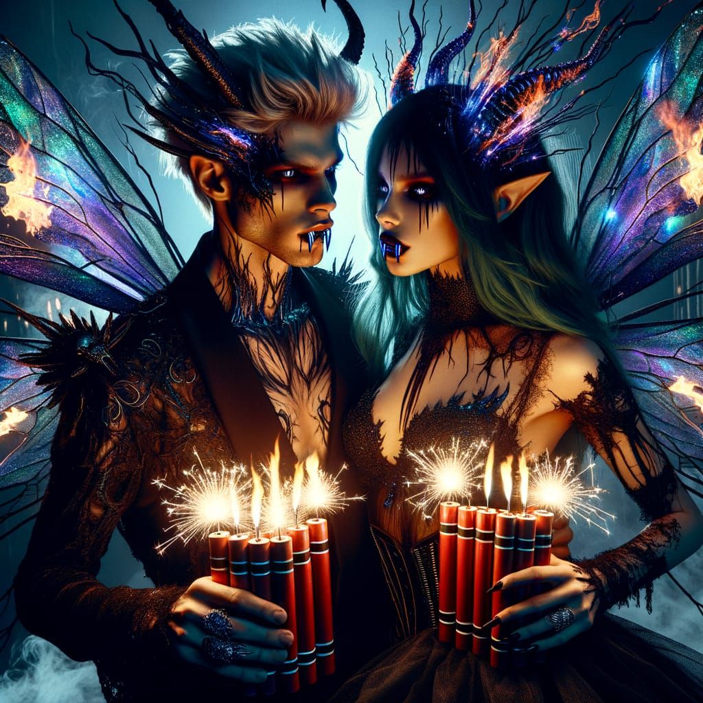 Dark Fantasy Fairies Embrace in Blazing Intensity