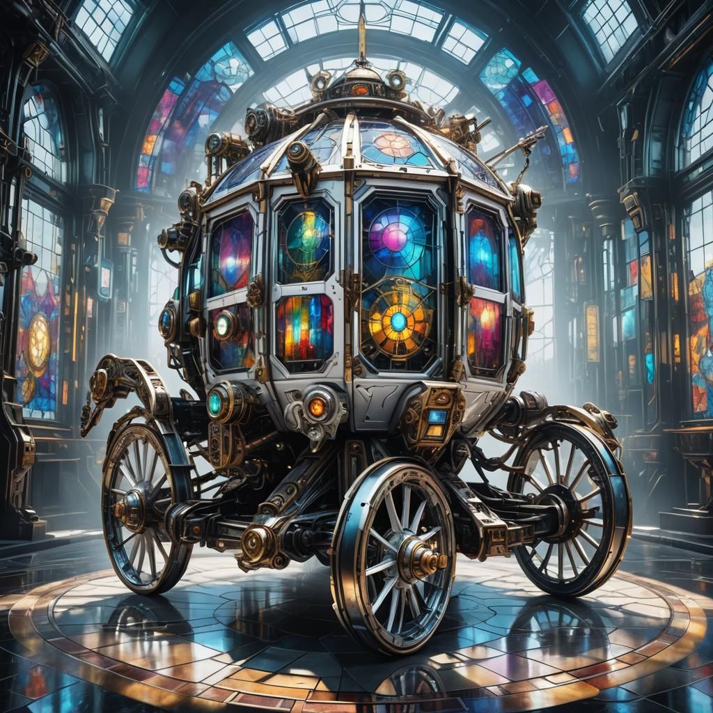 Cyberpunk Stained Glass Carriage: Epic Sci-Fi Art