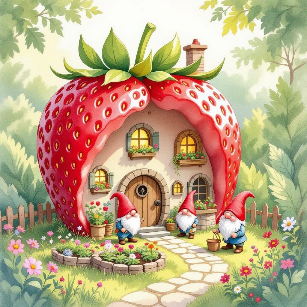 Gnome Village Inside Strawberry, Watercolor Style