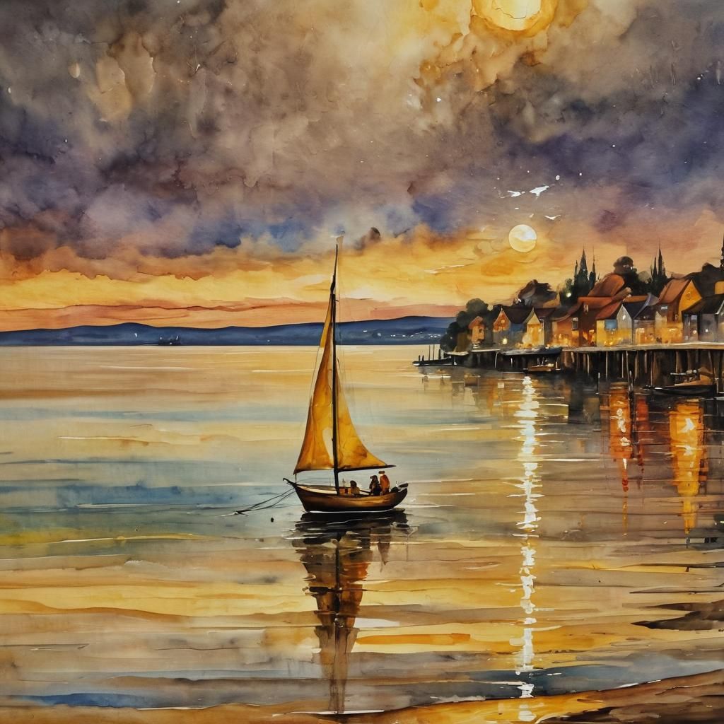 Golden Seashore Scene in Vibrant Impressionist Style