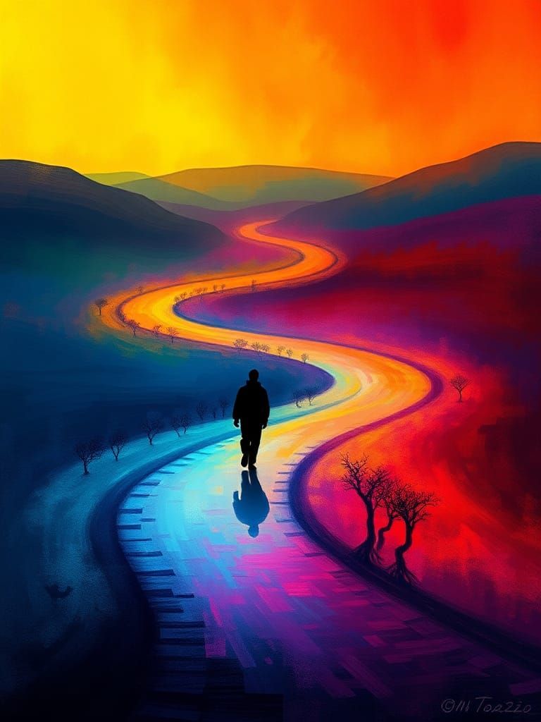 Emotional Silhouette Walking a Colorful Path