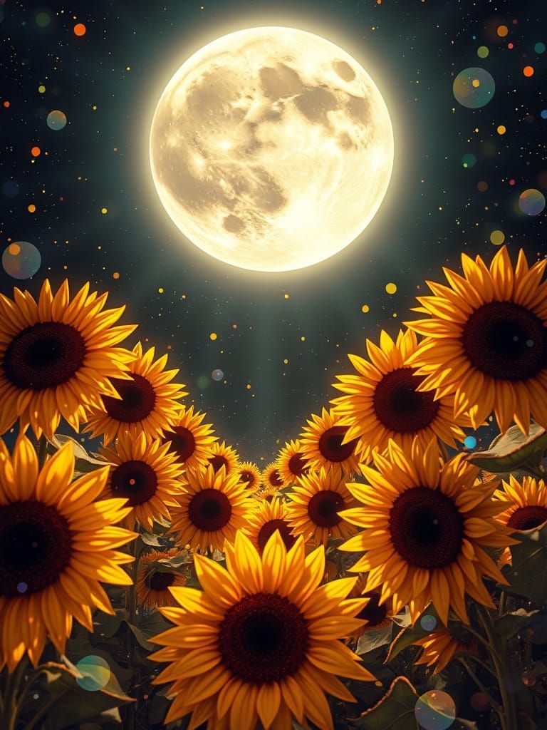 Giant Golden Sunflowers Under a Wavy Moon, Psychedelic Glass...