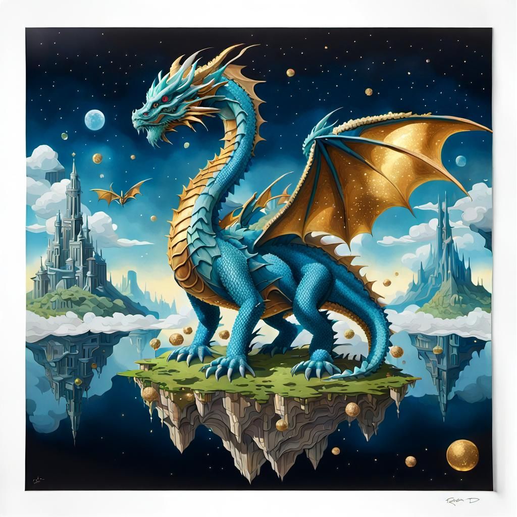 dragon with two wings four legs blue and gold scales tapered tail in the style of roger dean shiny glittery shimmering