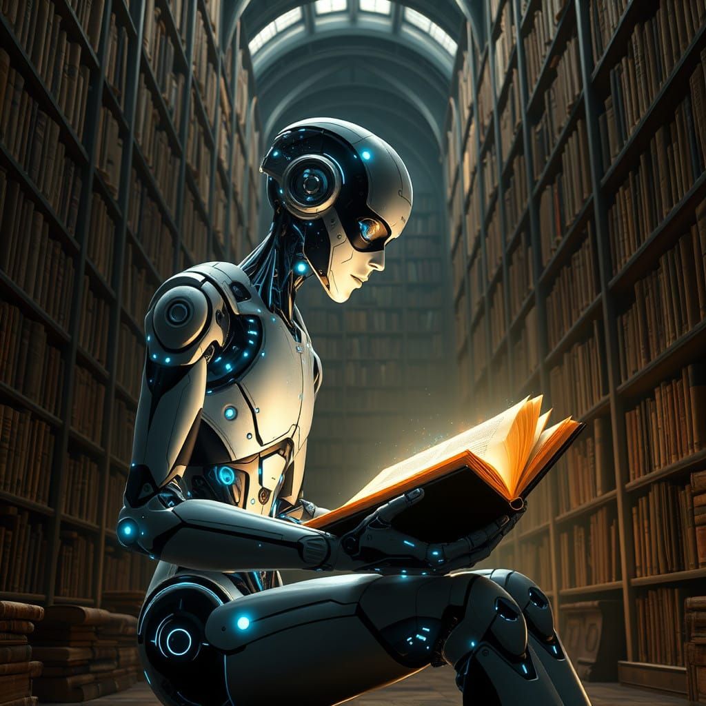 Cyberpunk Robot in a Labyrinthine Library