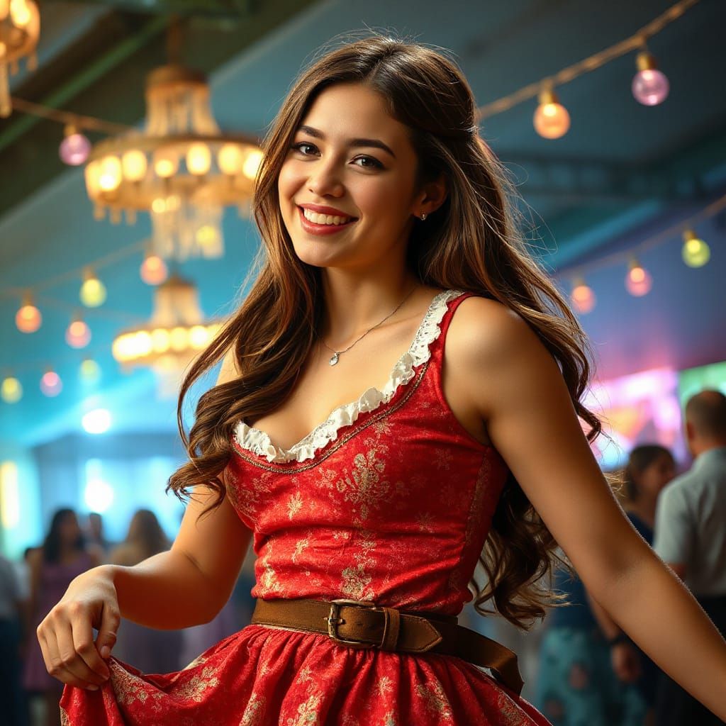 Dancing Woman in Dirndl Dress, Hyperrealistic Splash Art