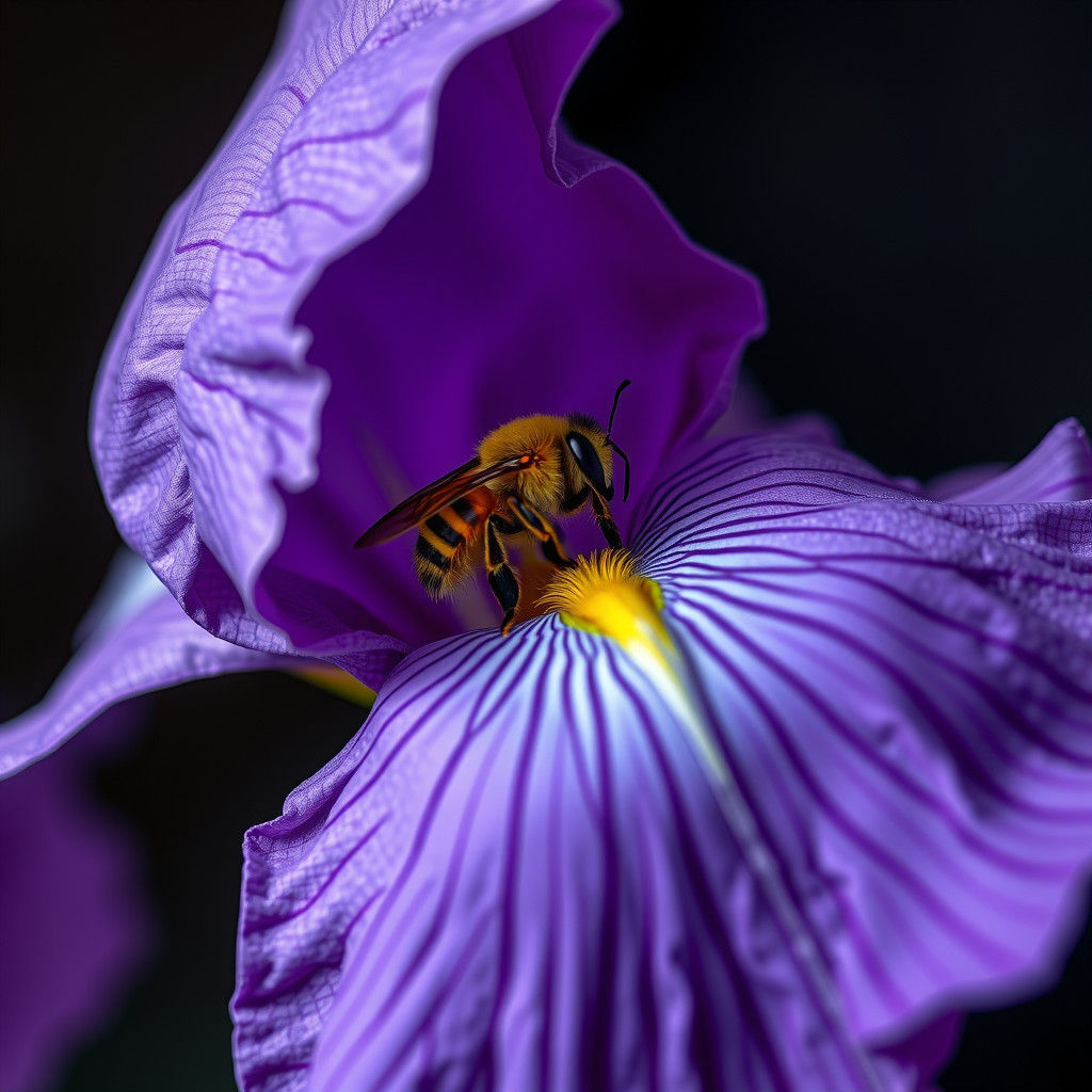 Purple Iris with Bee in Hyperrealistic Origami Style