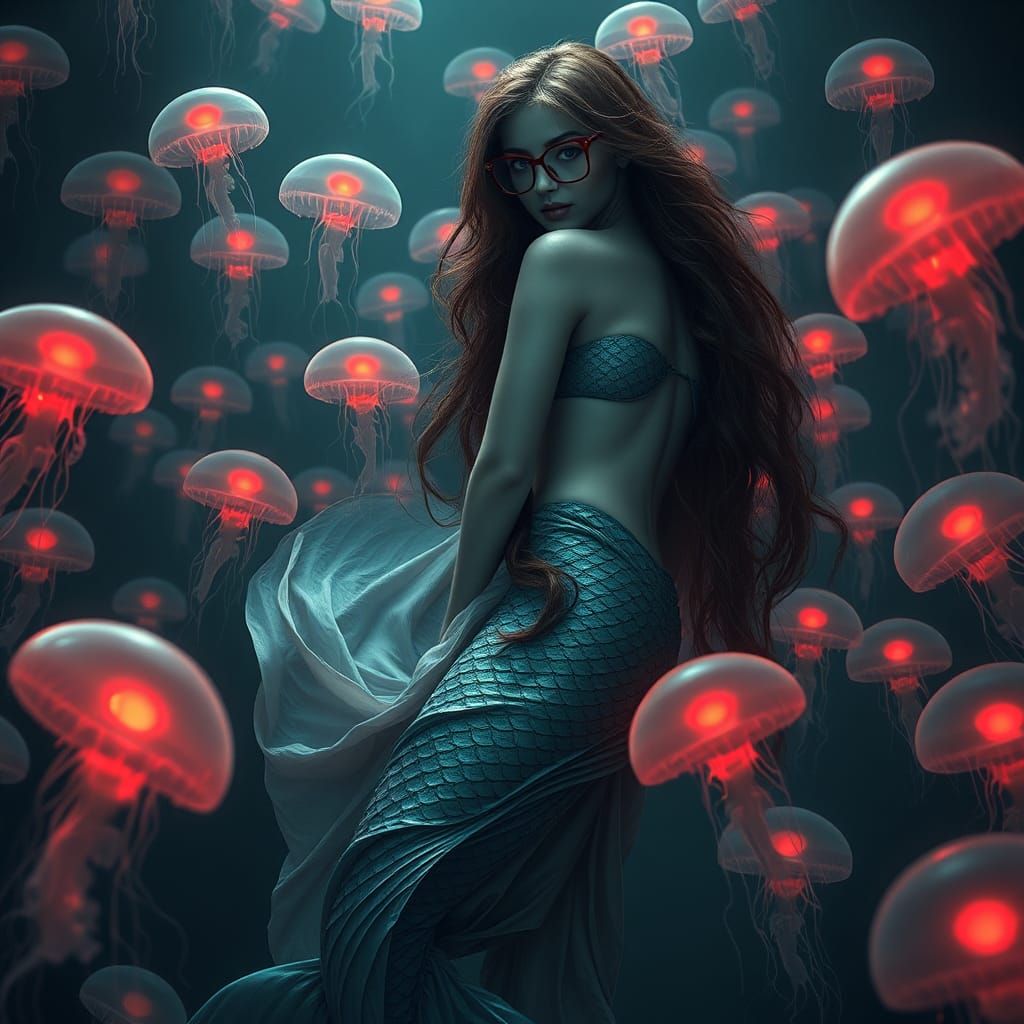Ethereal Mermaid in Dark Ocean with Glowing Jellyfish