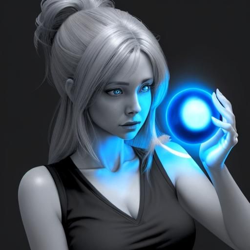 Woman with Blue Energy Ball in Grayscale Scene