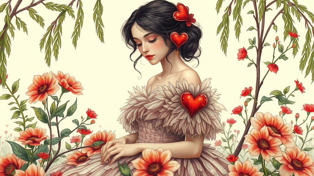 Woman Planting Flowers in Surreal Digital Art Style