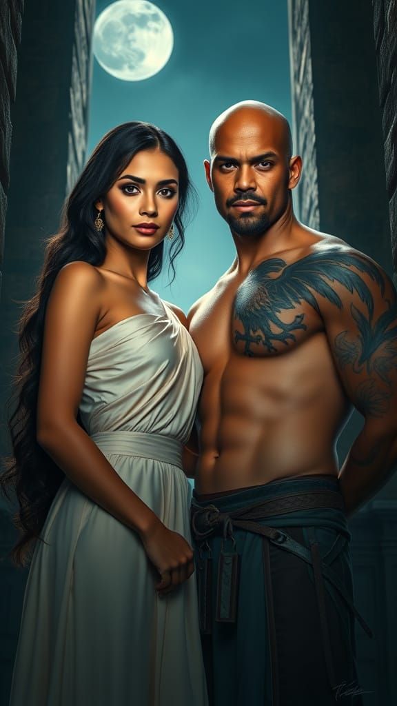 Dramatic Portrait of Woman and Warrior in Tower