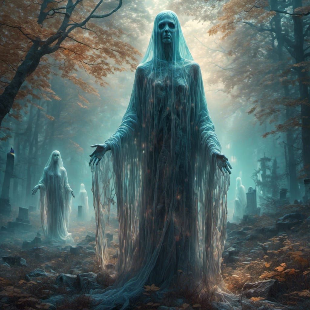 Ghostly Figures Wander Through a Colorful Forest