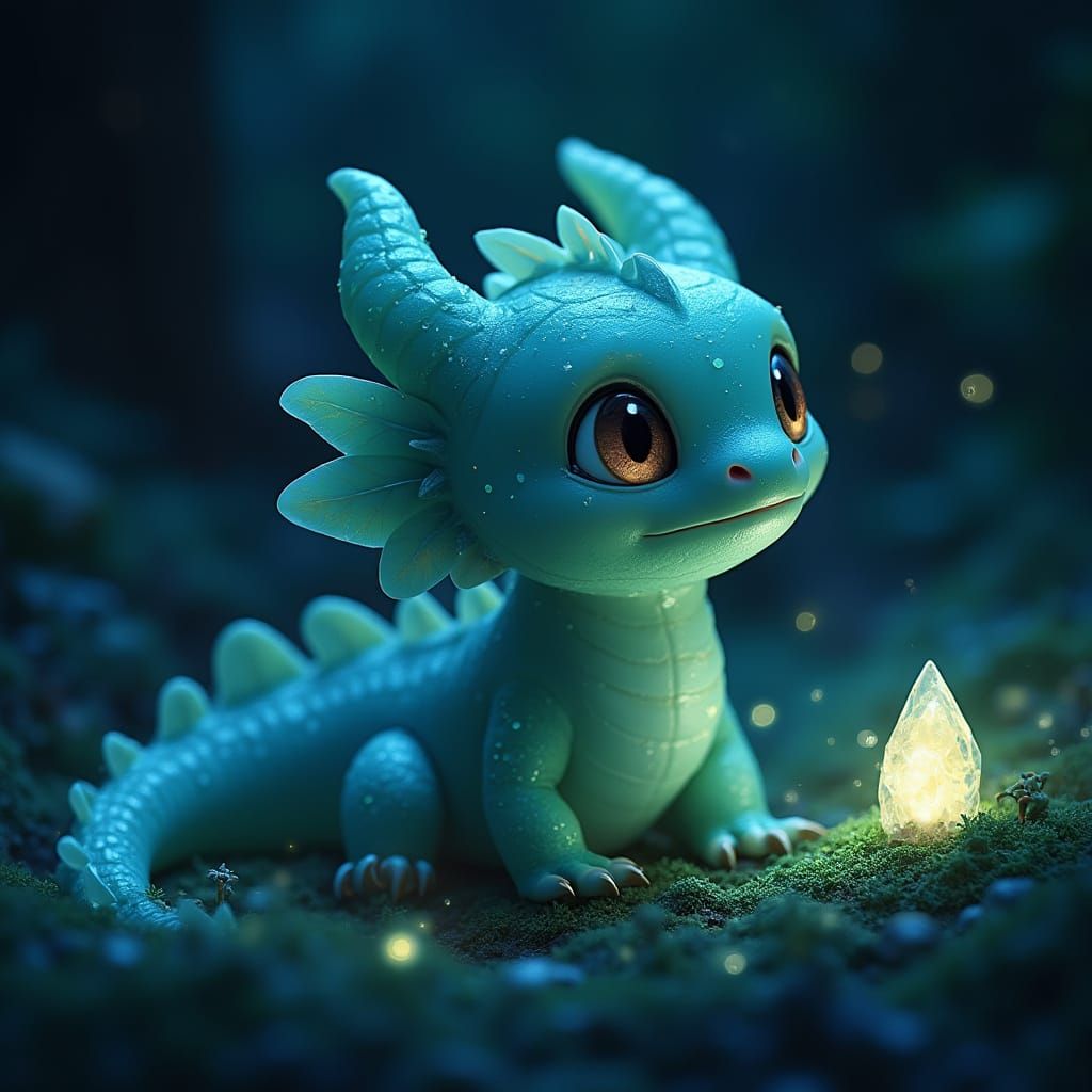 Bioluminescent Dragon Hatchling in Grotto, Ghibli Style