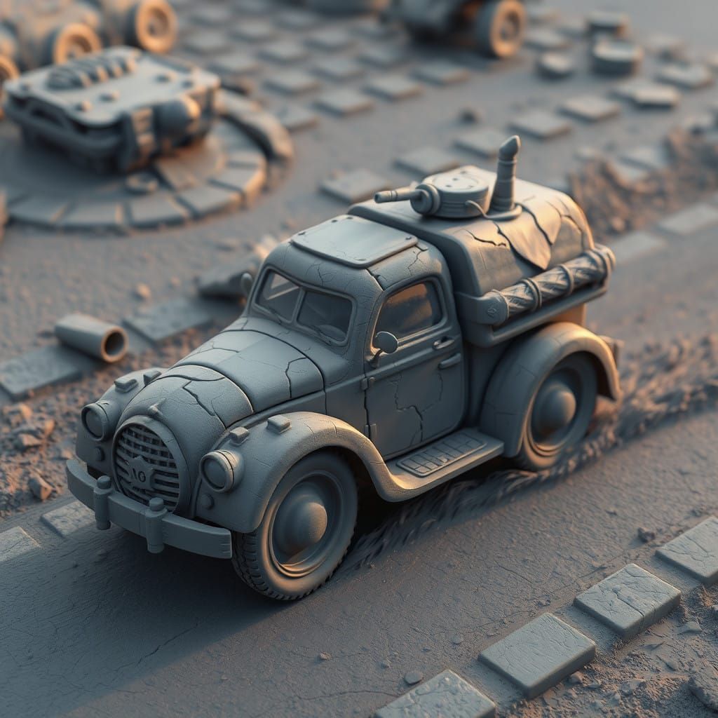 Fantastical Clay Vehicle in Grey with Cracks
