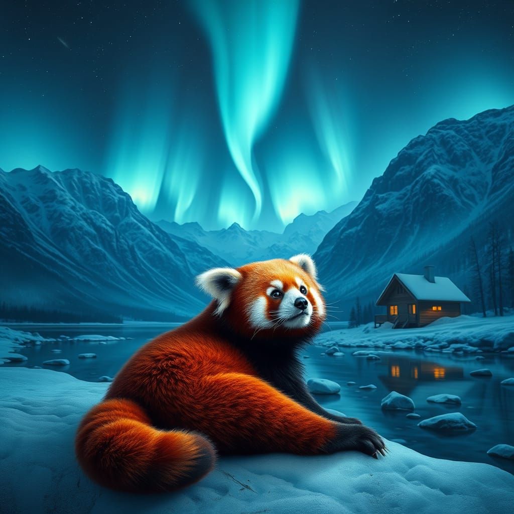 Ethereal Red Panda Basks in Northern Lights