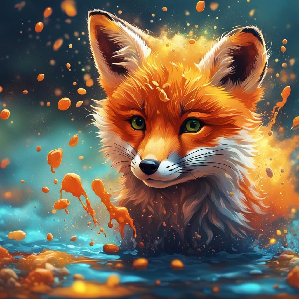 Cute Fox Cub Digital Art: Hyperrealistic Splash