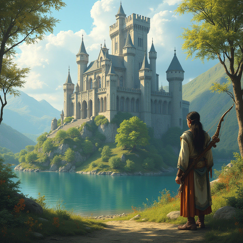 Celtic Castle Overlooking Lake with Elf, Digital Painting