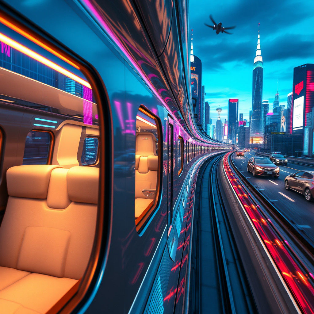 Futuristic Train Glides Through Neon Metropolis at Dusk